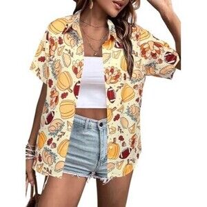 Thanksgiving Women's Button Up Shirt Turkey NWT  Short Sleeve Football Size S